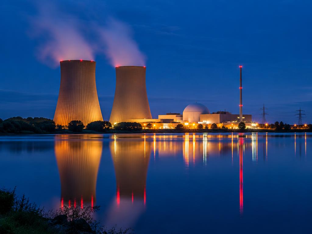 Usina nuclear ao anoitecer refletida na água